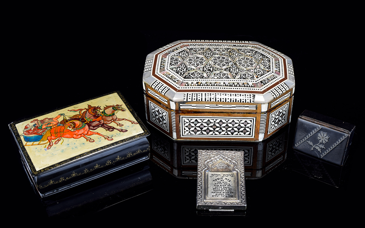 A Russian Lacquer Box And Small Collection Of Decorative Boxes Rectangular footed trinket box, the