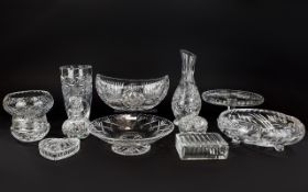 A Collection of Glass Ware (13) Items in total. Includes a cake stand, flower and bud vase,
