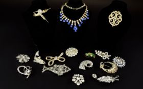 A Large And Varied Collection Of Vintage Crystal Set Brooches And Collar Necklace Sixteen items in