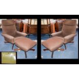Two Retro Armchairs with matching Footstools upholstered in brown fabric with teak quatrefoil bases.