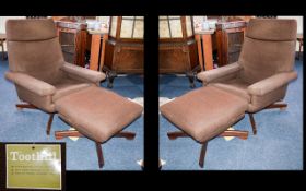 Two Retro Armchairs with matching Footstools upholstered in brown fabric with teak quatrefoil bases.