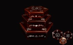 Set of Three Hexagonal Shaped Lacquered Boxes, with mother of pearl inlay.