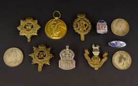 Collection Of 7 Cap Badges Together With A WW1 Medal, Awarded To T4-263543 DVR W Herety