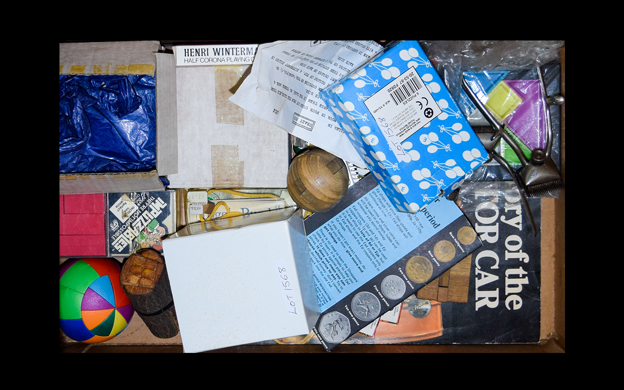 Box Containing A Collection Of Playing Cards And Wooden Puzzles, etc