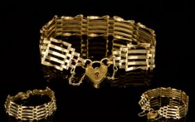 9ct Gold Vintage 5 Bar Gate Bracelet with Safety Chain and Heart Shaped Padlock.