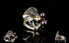 Shaun Leane Silver And Synthetic Pearl Ring Blackthorn cluster ring with thorn and black spinel set