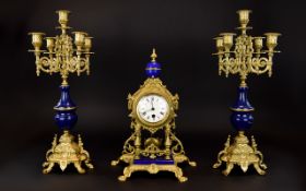 Louis XIIII th Style Antique Period - Impressive Gilt Brass and Blue Enamel Clock Garniture Set. The