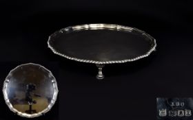 George V - Circular Silver Salver / Tray with Reeded Border Raised on 4 Hoofed Feet.