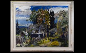 Framed Oil On Canvas Impressionistic landscape with rural building rendered loose impasto oils on