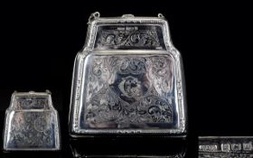 Victorian Period Fine Quality and Ornate Ladies Silver Minaudiere (purse) with attached silver