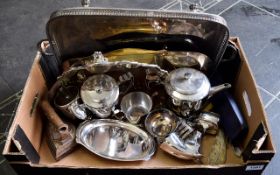 Box of Assorted Metal Ware including rectangular serving tray, scalloped edge tray, part teaset,