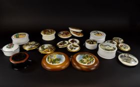 A Collection Of Assorted Prattware and Lids including a framed Prattware Pratt pot lid depicting