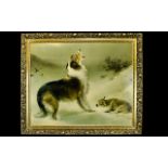 A Large Framed Print Decorative textured print titled 'Found' depicting a lamb in the snow, a