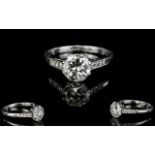 Art Deco Period - Platinum Set Single Stone Diamond Ring. Superb Quality.