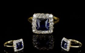 18ct Gold and Platinum Sapphire and Diamond Square Shaped Cluster Ring,