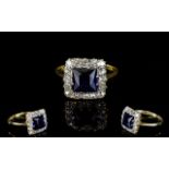 18ct Gold and Platinum Sapphire and Diamond Square Shaped Cluster Ring,