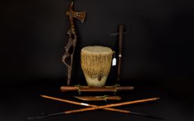 Mixed Lot Of African Tourist Display Items, Comprising Two Miniature Spears, Carved Axe, Carving