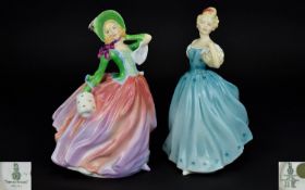 Royal Doulton Figures ( 2 ) In Total. ' Autumn Breezes ' HN1911 - Pink and Green Colour way.