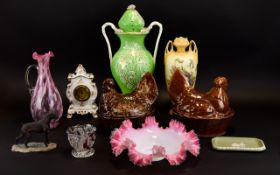 A Collection of Assorted Pottery and Glass including brown pottery chicken egg holders, resin figure