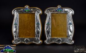 A Fine Pair of Art Nouveau Period Silver, Enamel and Oak Photograph Frames,