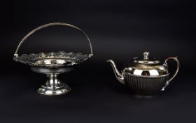 Gibsons, England Silver Plated Teapot together with a swing handled cake stand with fluted edge