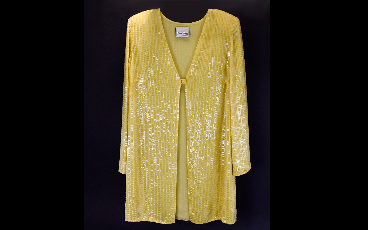 A Ladies Longline Evening Jacket By Frank Usher Sequinned jacket in primrose yellow,