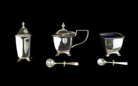 George VI Solid Silver ( 5 ) Piece Condiment Set, Complete with Blue Liners and Spoons.