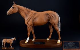 Beswick Horse Figure - Connoisseur Series ' Grundy ' On Wooden Plinth - Race Horse of The Year 1975,