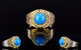 Antique Period High Ct Gold Turquoise and Seed Pearl Set Dress Ring. The Central Cabouchon Cut