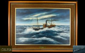 Keith Sutton - Blackpool Artist 1924 - 1991. Titled - Trawler ( Celtia ) LL28, In Rough Waters Out