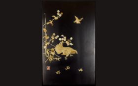 Early 20thC Japanese Plaque, Mother Of Pearl Inlay Depicting Bird And Foliage. With Character Stamp.