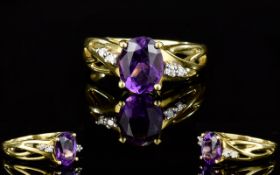 Ladies Nice Quality 18ct Gold Amethyst And Diamond Ring.