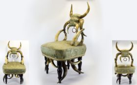 Antique - Small Elaborate and Impressive American Buffalo Horn Chair. c.1890's. Fabric looks to Be