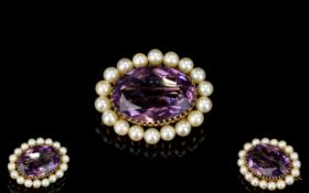 Victorian Period - Impressive and Good Quality 9ct Gold Set Amethyst and Pearl Brooch.