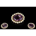 Victorian Period - Impressive and Good Quality 9ct Gold Set Amethyst and Pearl Brooch.