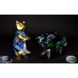 Murano - Italy Large Pair of Stylished Multi - Coloured Glass Bear and Bull Sculptures.