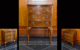 Burr Walnut Bedside Table with three drawers, cabriole legs and brass handles. 18 inches wide, 28