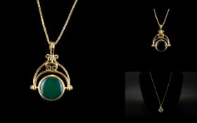 Art Nouveau Style 9ct Gold Stone Set Swivel Pendant with Attached 9ct Gold Long Chain.