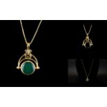 Art Nouveau Style 9ct Gold Stone Set Swivel Pendant with Attached 9ct Gold Long Chain.