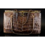 Vintage Crocodile Skin Handbag By Riviera 1960's box frame bag with gold tone top clasp and twin