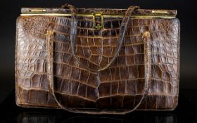 Vintage Crocodile Skin Handbag By Riviera 1960's box frame bag with gold tone top clasp and twin