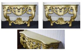 A Pair Of Ornate Console Tables Two reproduction Rococo hall/console tables with intricate apron and