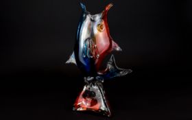 Murano - Italy Studio Art 1970's Glass Figure of a Stylished Fish Sculpture. Multi-Coloured.