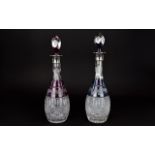 Elizabeth II Period Superb Pair of Clear / Coloured Deep-Cut Crystal Decanters with Silver Collars