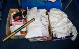 Three Large Boxes of Assorted Linen and Cloths including lace, tablecloths, chair throws,