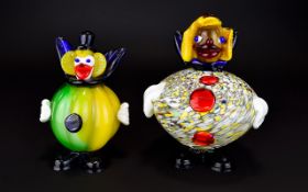 Murano - Pair of 1960's Multi--Coloured Glass Novelty Crown Figures. 6.5 x 7.5 Inches Tall.