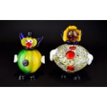 Murano - Pair of 1960's Multi--Coloured Glass Novelty Crown Figures. 6.5 x 7.5 Inches Tall.