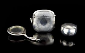 A Small Collection of Antique Silver Items ( 3 ) In Total. Comprises 1/ Miniature Silver Mirror /