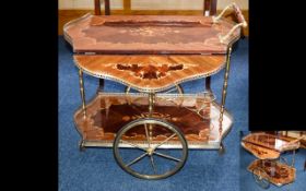 Vintage Retro Cocktail Cart Inlaid wood two tier drinks trolley with extending, hinged top section