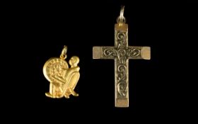 9ct Gold Cross. Fully Hallmarked. 1.5 Inches High + A 10ct Gold Charm. Marked 10 ct.